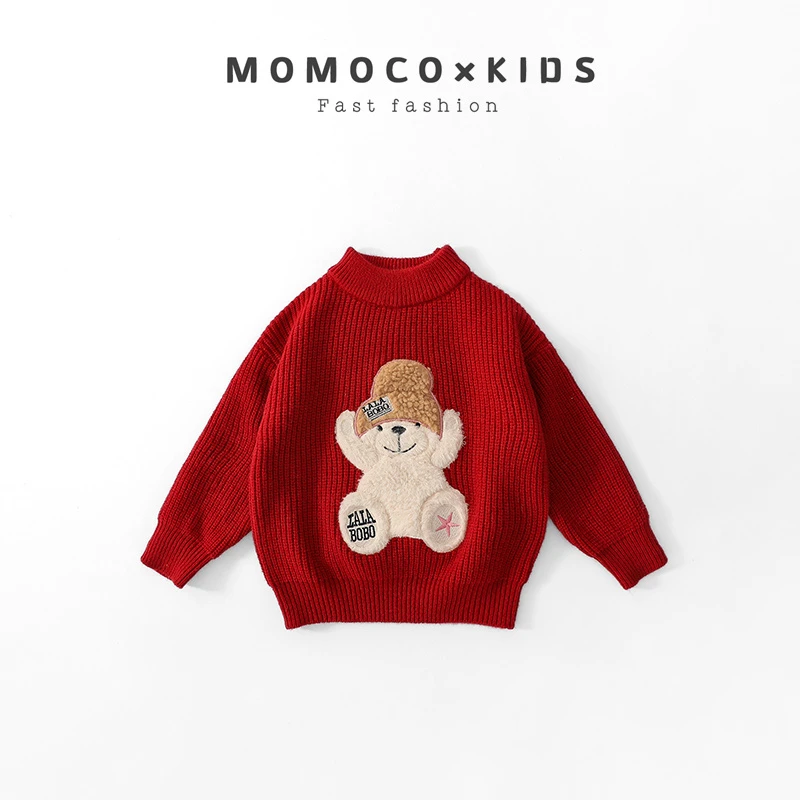 MOMOCO/2024新款男童圆领秋冬洋气可爱小熊红色毛衣75430230024