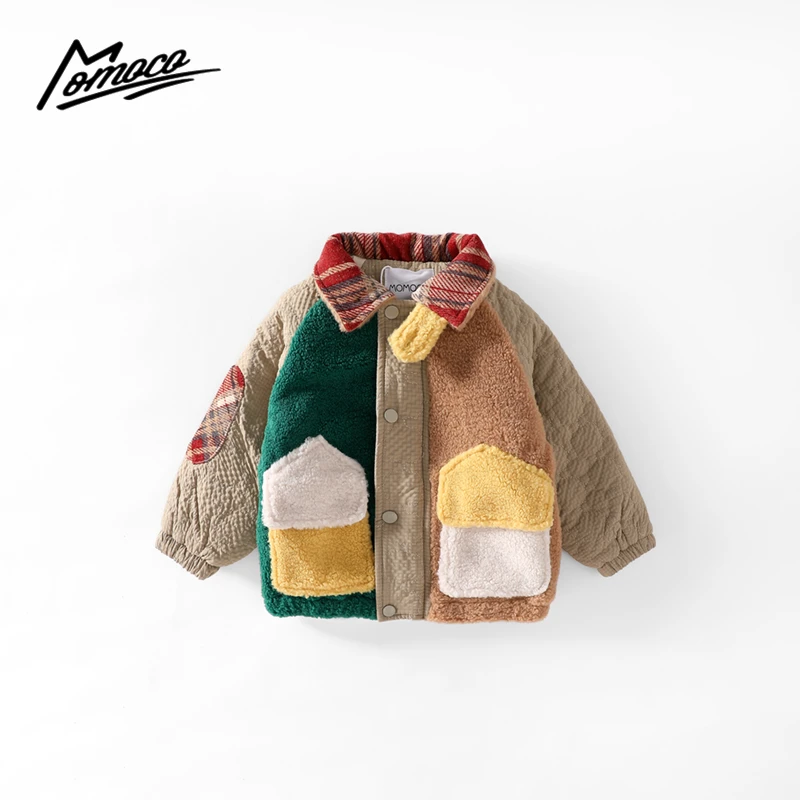 MOMOCO冬季新款男童时尚厚款百搭多色拼接毛毛衣外套75430123005