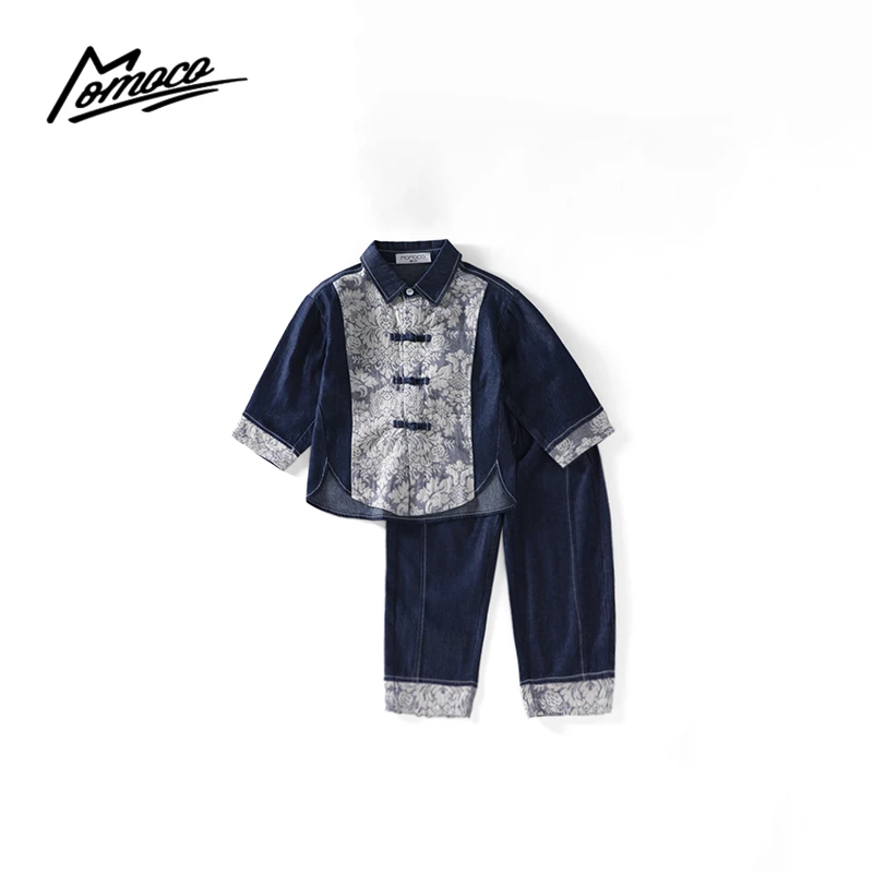 MOMOCO秋款男童新中式国风套装拼接牛仔刺绣两件套75330578015
