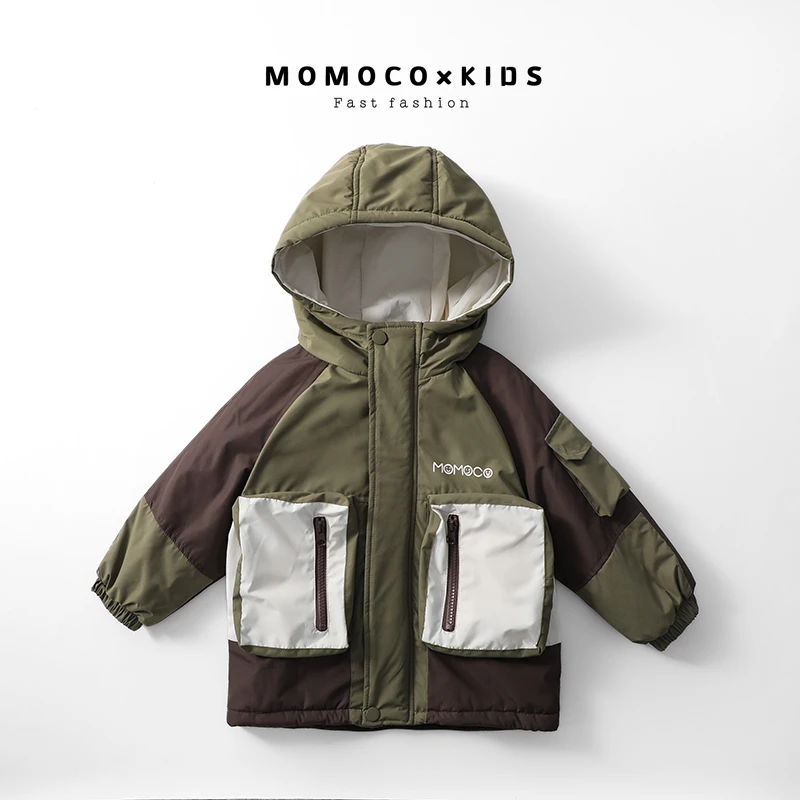 MOMOCO2023儿童童装男童连帽冬季保暖拼色休闲冲锋衣76430101204