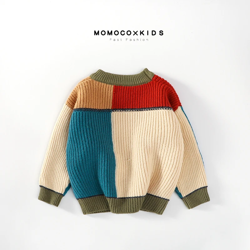 MOMOCO/2023新款中小童时尚彩色拼接圆领套头针织毛衣76380230200