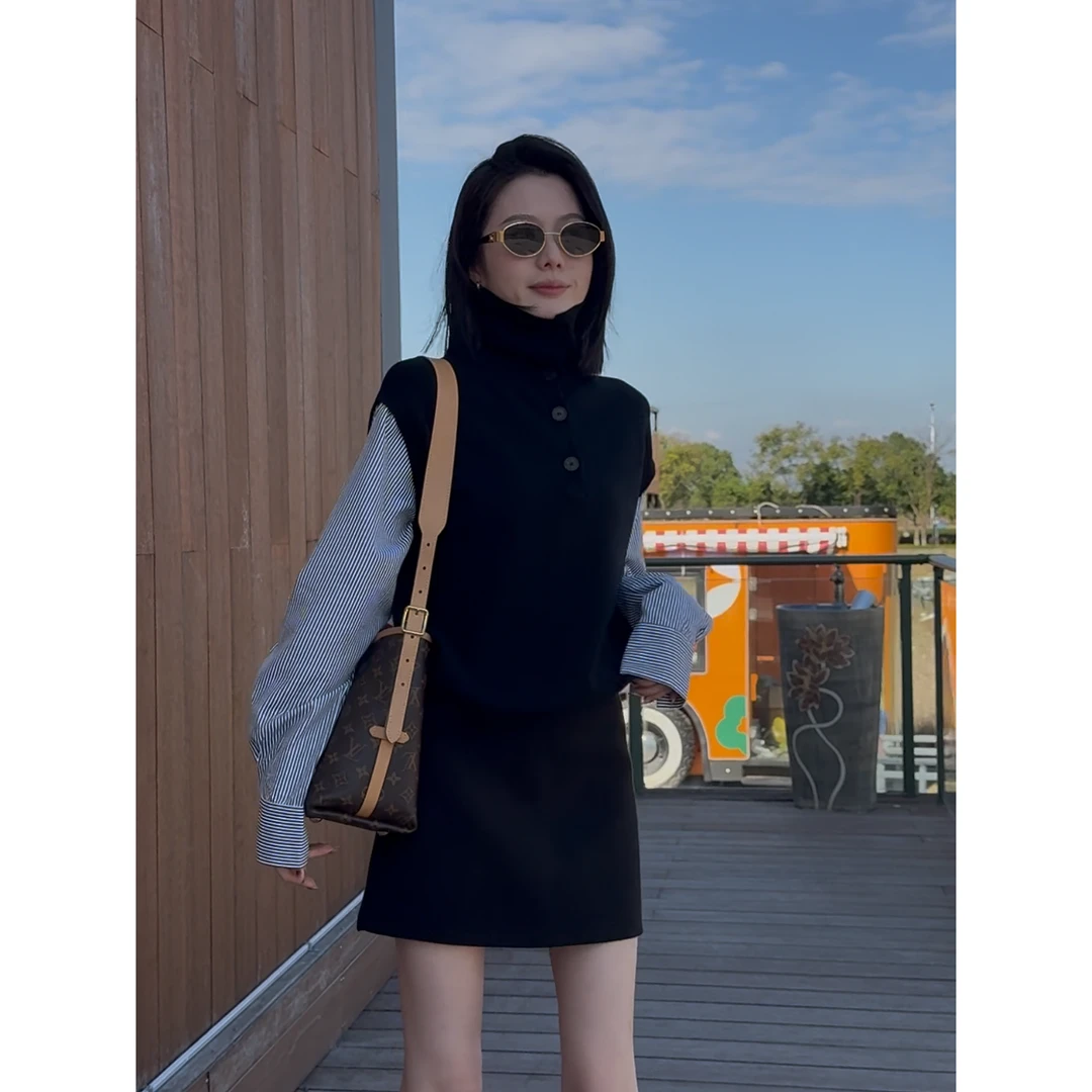 yerunlu高领拼接小众宽松针织衫女韩系半开襟排扣条纹长袖上衣