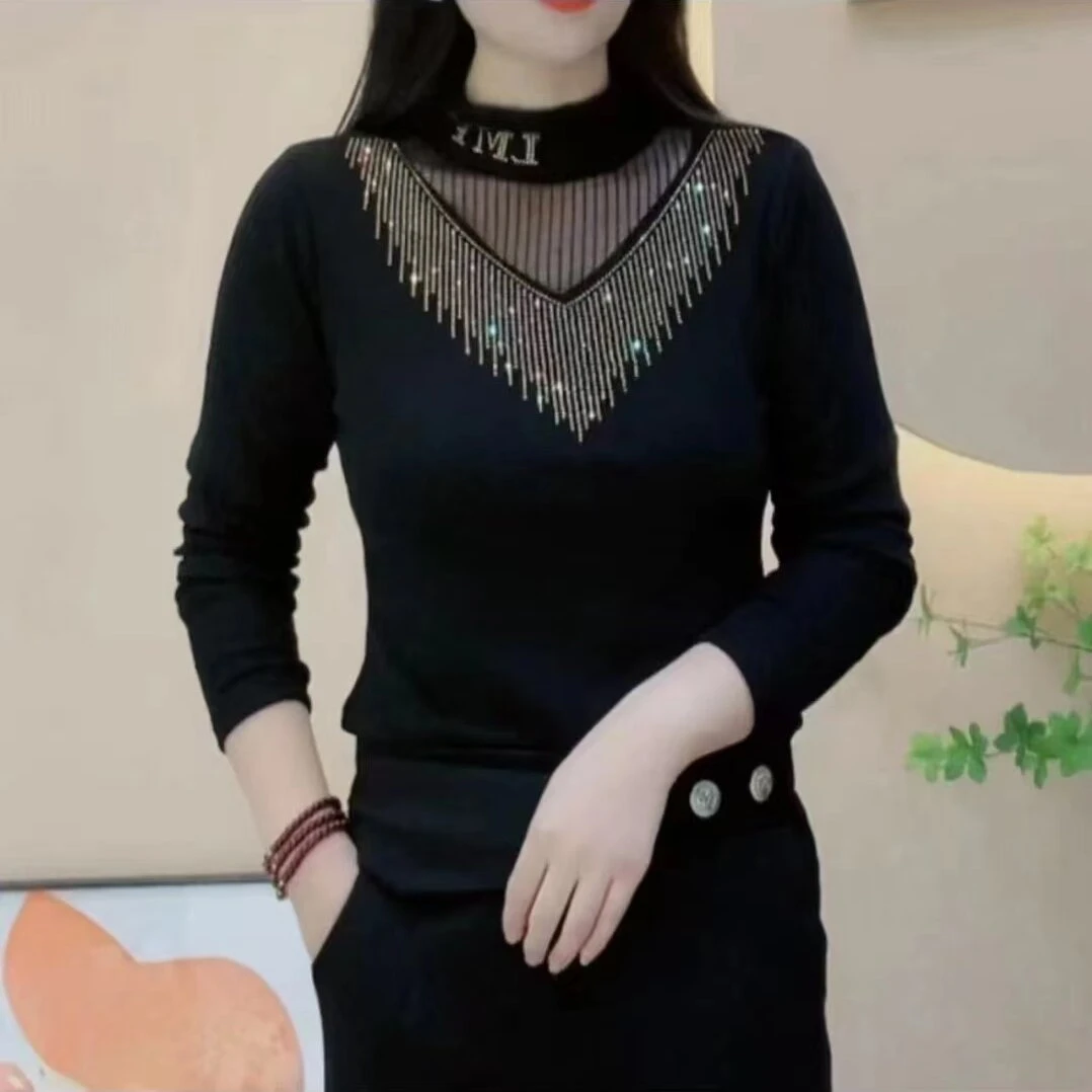 爆款打底衫女新款冬季加绒加厚半高领套头小衫显瘦遮肚烫钻保暖衣