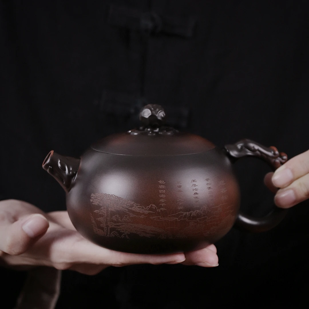 紫陶迎客松龙把西施凤鸣壶大容量中式纯手工泡茶壶复古紫砂壶C98