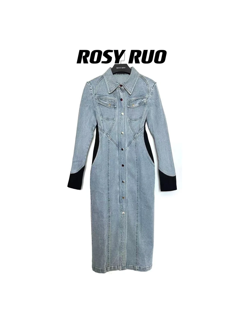 【若曦定制】 设计款重工洗水拼接牛仔修身连衣长裙风衣