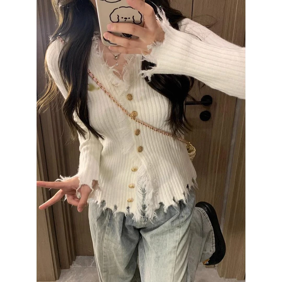 法式不规则毛边v领针织开衫女春秋修身显瘦掐腰慵懒高级感毛衣潮