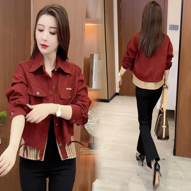 纯棉小个子时尚假两件短外套女2025秋季新款洋气宽松百搭夹克上衣