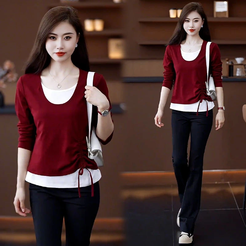 高含棉设计感假两件长袖t女2025春秋季新款时尚洋气显瘦减龄上衣