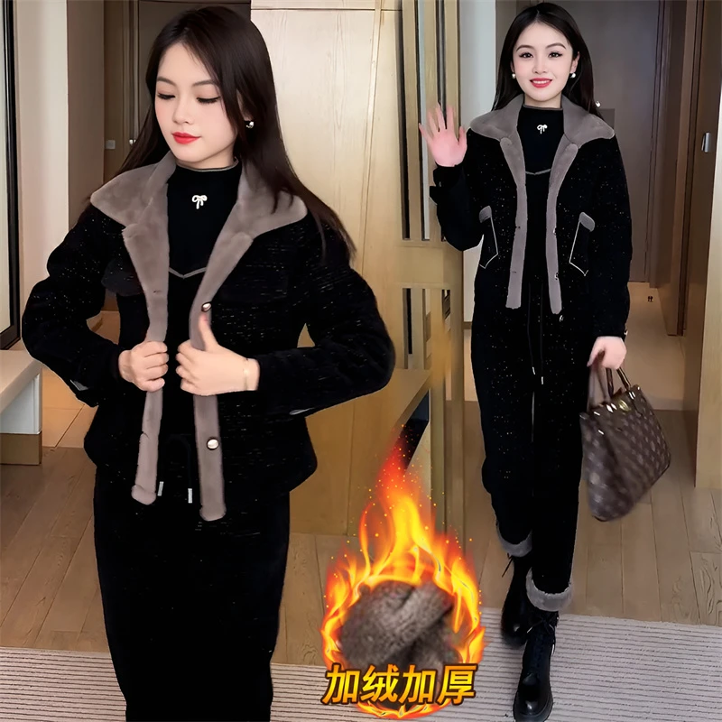 加绒加厚休闲运动服套装女2025秋冬新款时尚洋气小个子外套两件套