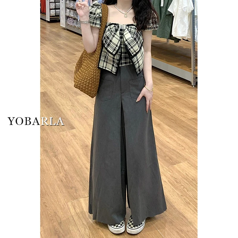 YOBARLA灰色休闲西装裙裤女春季高腰大码宽松显瘦梨形身材阔腿裤