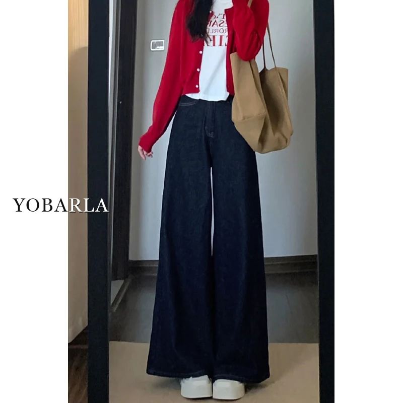 深蓝色直筒牛仔裤女冬季加绒高腰大码宽松显瘦梨形身材阔腿裤