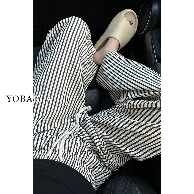 黑白条纹直筒休闲裤女春季薄款高腰大码宽松显瘦小个子垂感阔腿裤