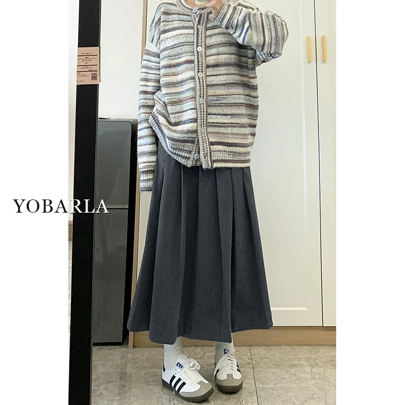 灰色毛呢百褶裙女春夏新款大码高腰显瘦遮肚中长款软糯a字半身裙