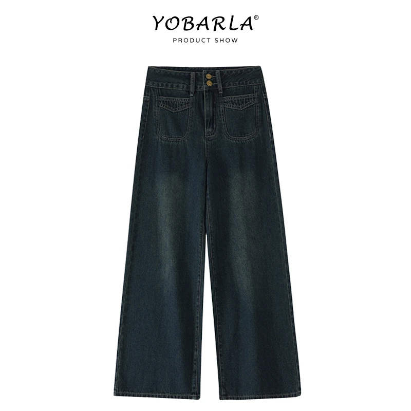 复古蓝直筒牛仔裤女秋季新款大码胖mm宽松显瘦梨形身材高腰阔腿裤