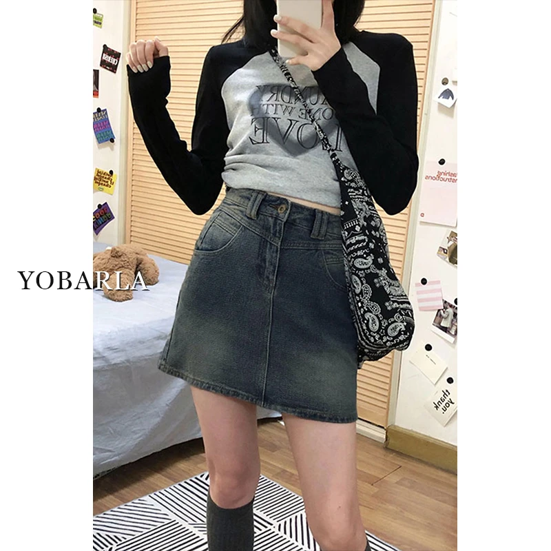 YOBARLA复古牛仔短裙女高腰秋冬新款遮肚显瘦梨形身材a字半身裙