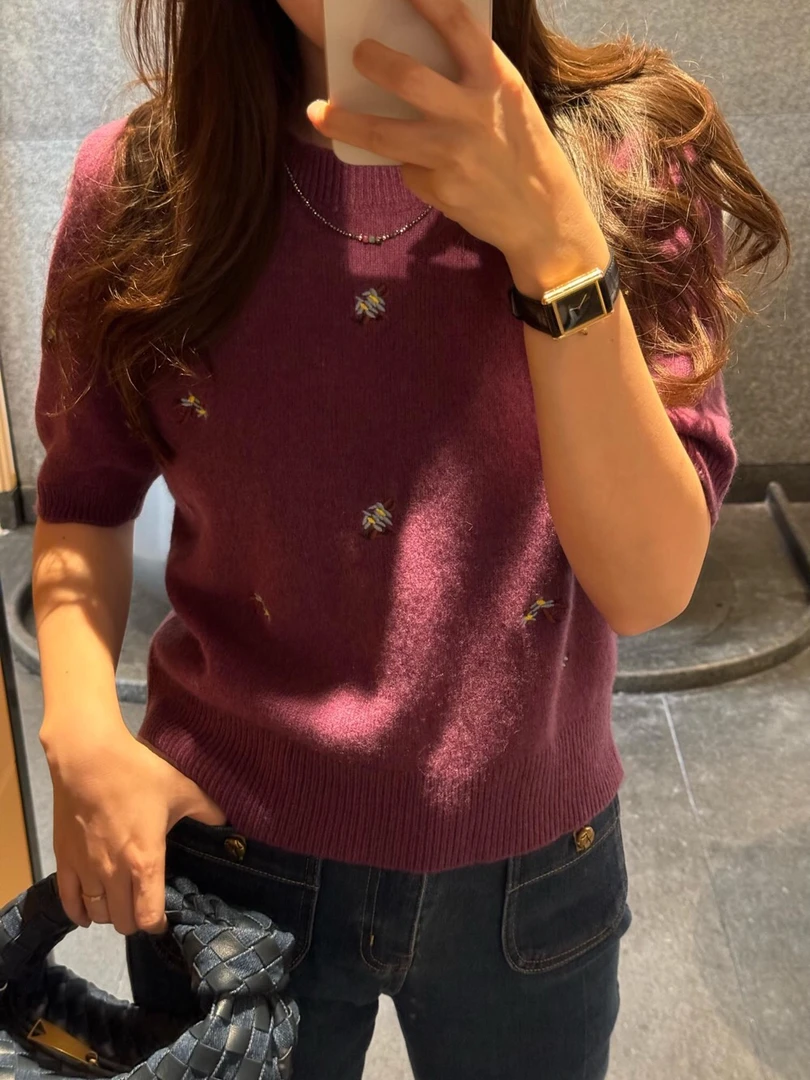 【金秀秀】【深圳出品】1042圆领花卉针织衫