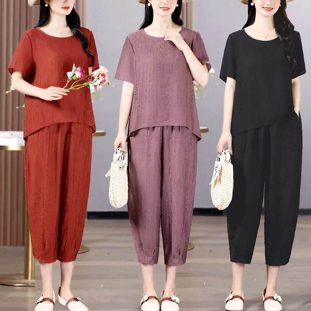 夏季桃花皱时尚洋气妈妈装套装气质减龄显瘦薄款