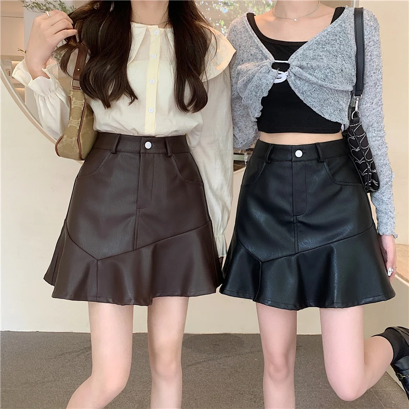 2023秋冬新款PU皮裙显瘦半身裙胖mm小个子高腰荷叶边鱼尾包臀短裙