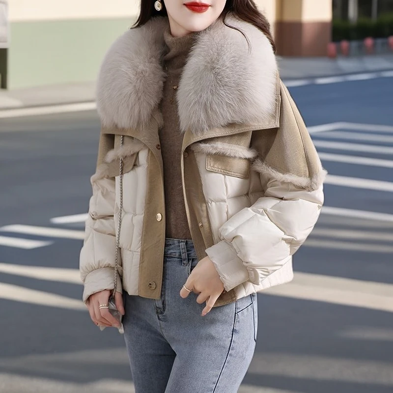 2024新款女士新款时尚百搭皮毛一体狐狸大毛领短款羽绒服外套