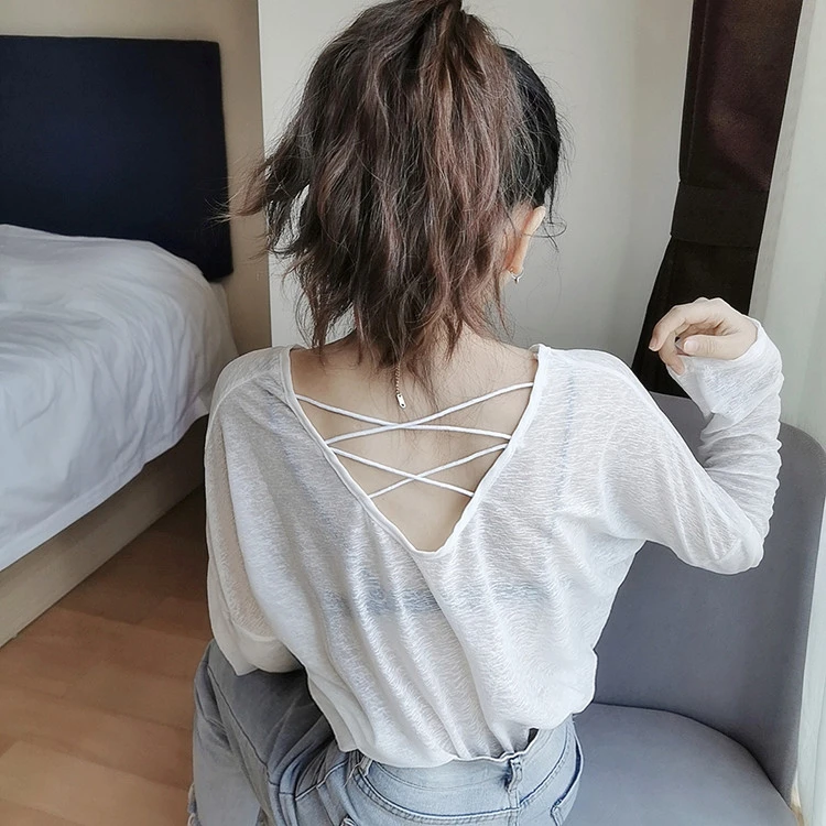 夏季后背交叉长袖针织衫女宽松罩衫镂空防晒打底衫百搭爆款上衣女