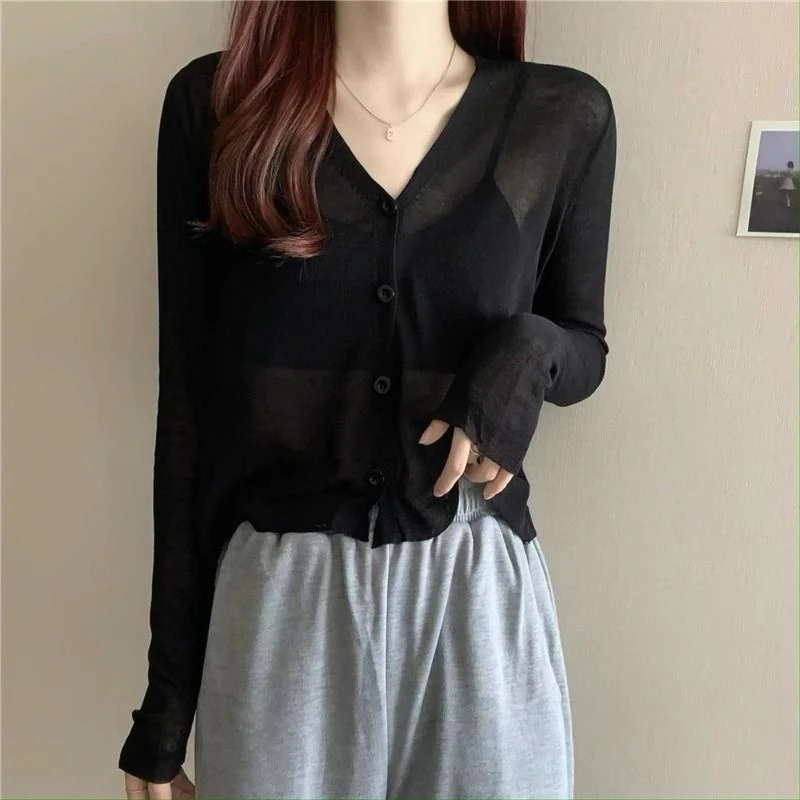 黑色镂空冰丝防晒衣女外穿夏季薄款针织开衫外搭披肩空调罩衫上衣