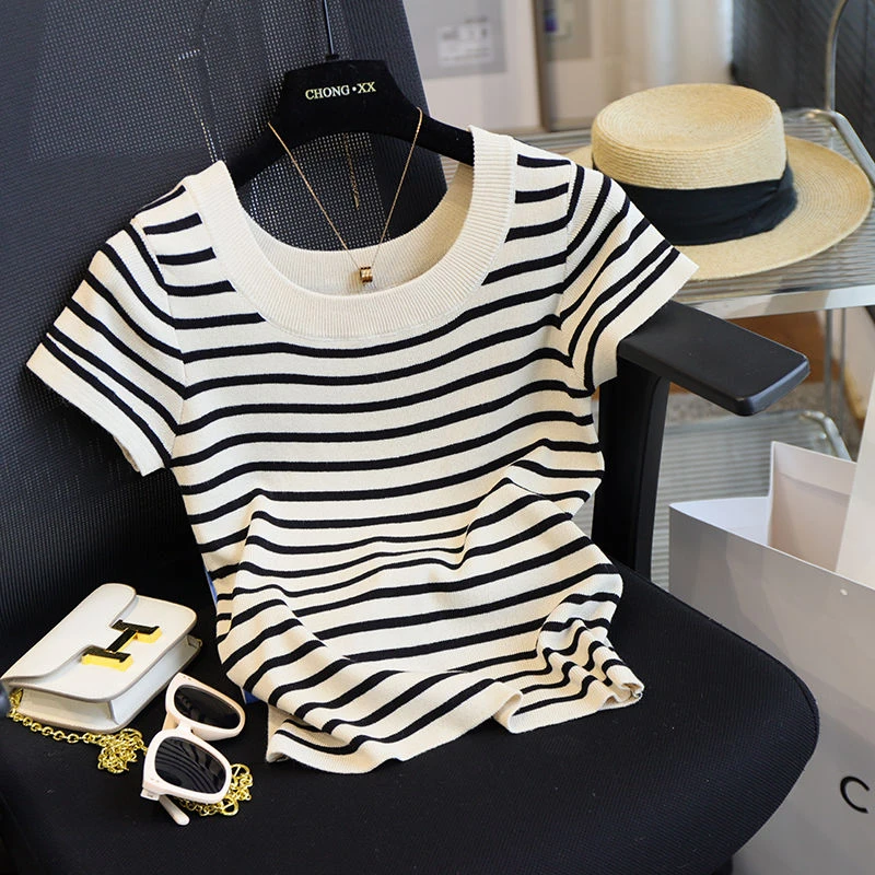 黑白条纹正肩短袖t恤女夏季薄款法式高级感冰丝针织衫上衣设计感