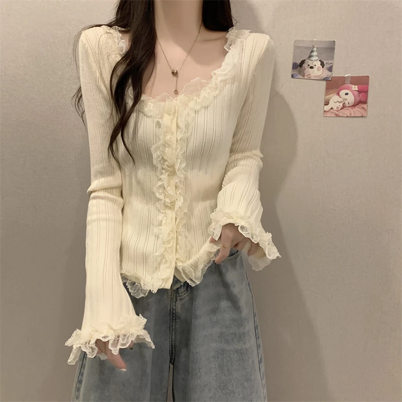法式温柔风荷叶边蕾丝针织开衫女春秋冬设计感内搭打底修身上衣