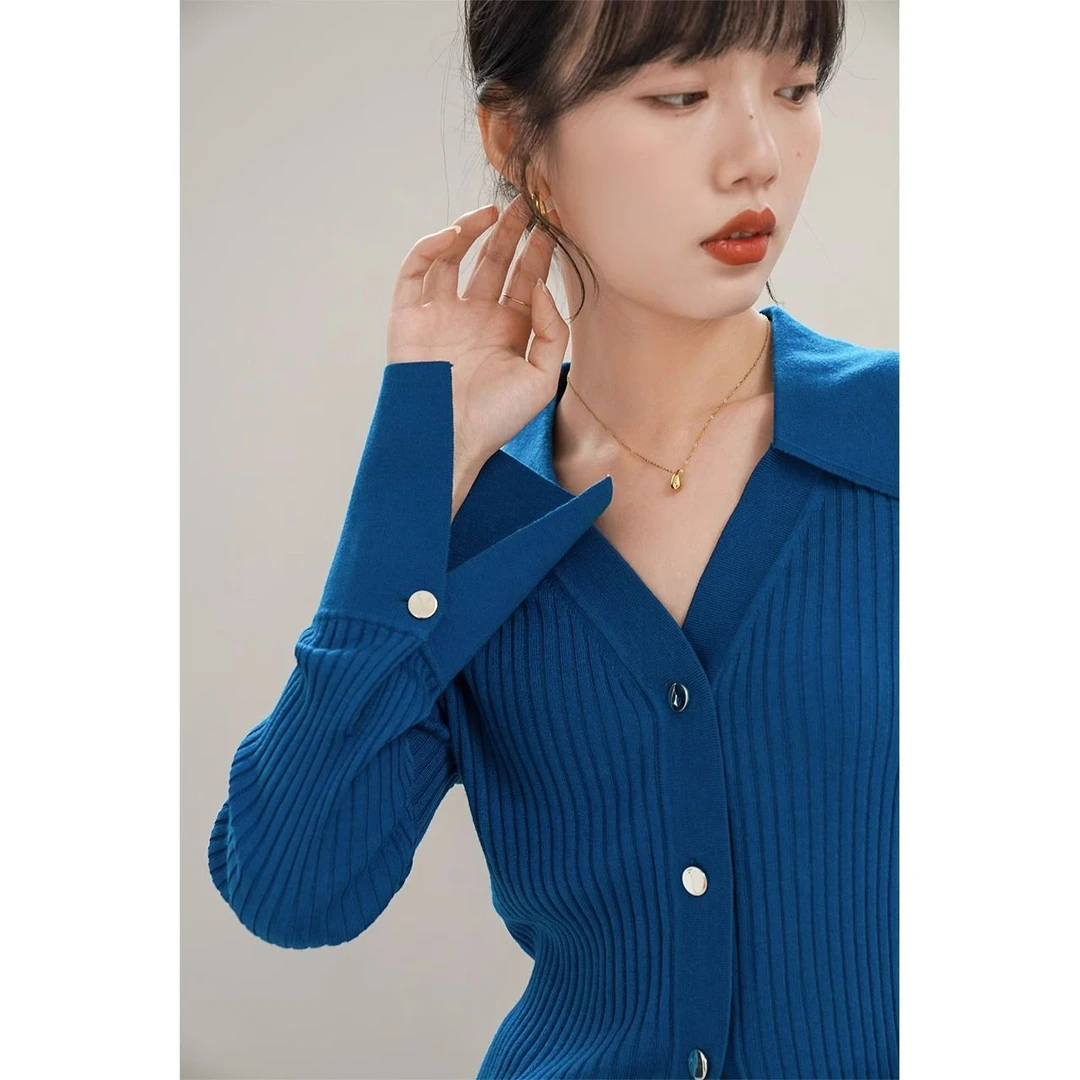 法式复古克莱因蓝v领针织衫女早秋内搭外穿显瘦毛衣针织开衫上衣