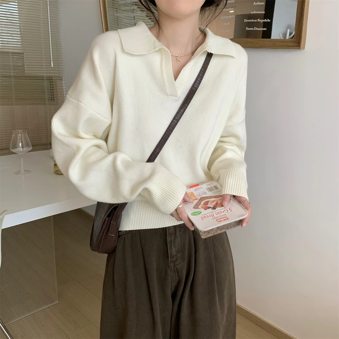 法式秋冬polo领毛衣宽松针织衫打底女高级感气质翻领慵懒内搭上衣
