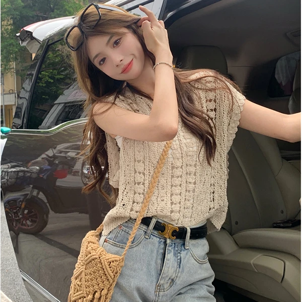 钩花镂空无袖针织背心女夏季新款设计感小众气质短款外穿小衫上衣