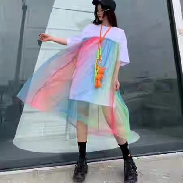 小熊玩偶彩虹裙洋气时尚潮流夏季渐变色网红休闲T裙