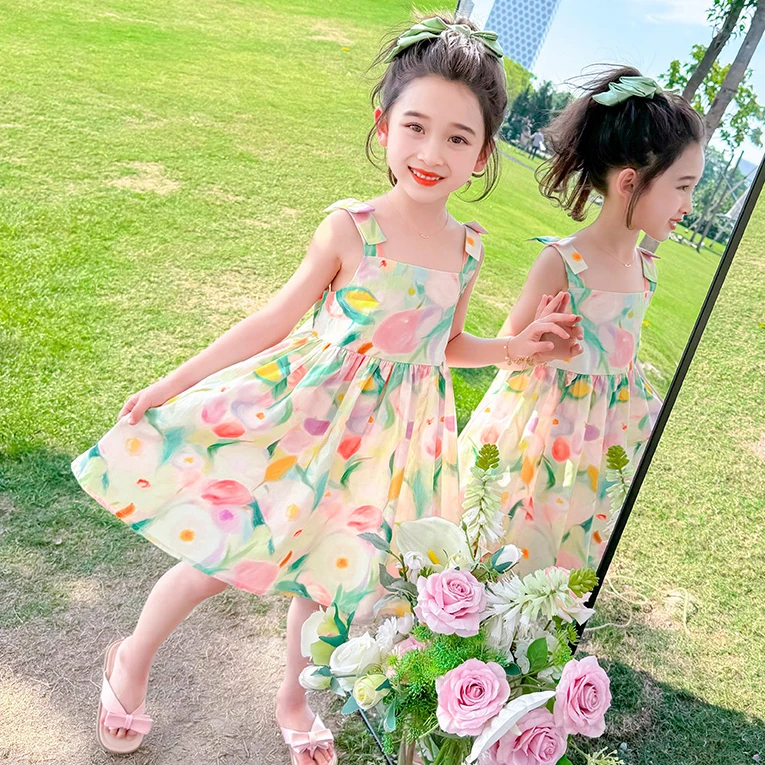 女童连衣裙夏装新款洋气女童背心裙海边度假裙儿童裙子挂脖裙夏天