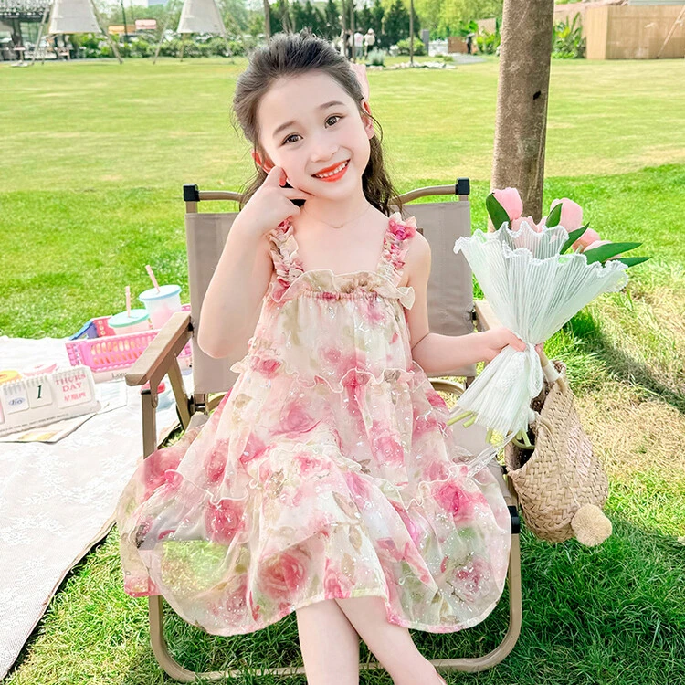 女童连衣裙公主裙夏装玫瑰花洋气碎花女孩裙子夏天海边度假吊带裙