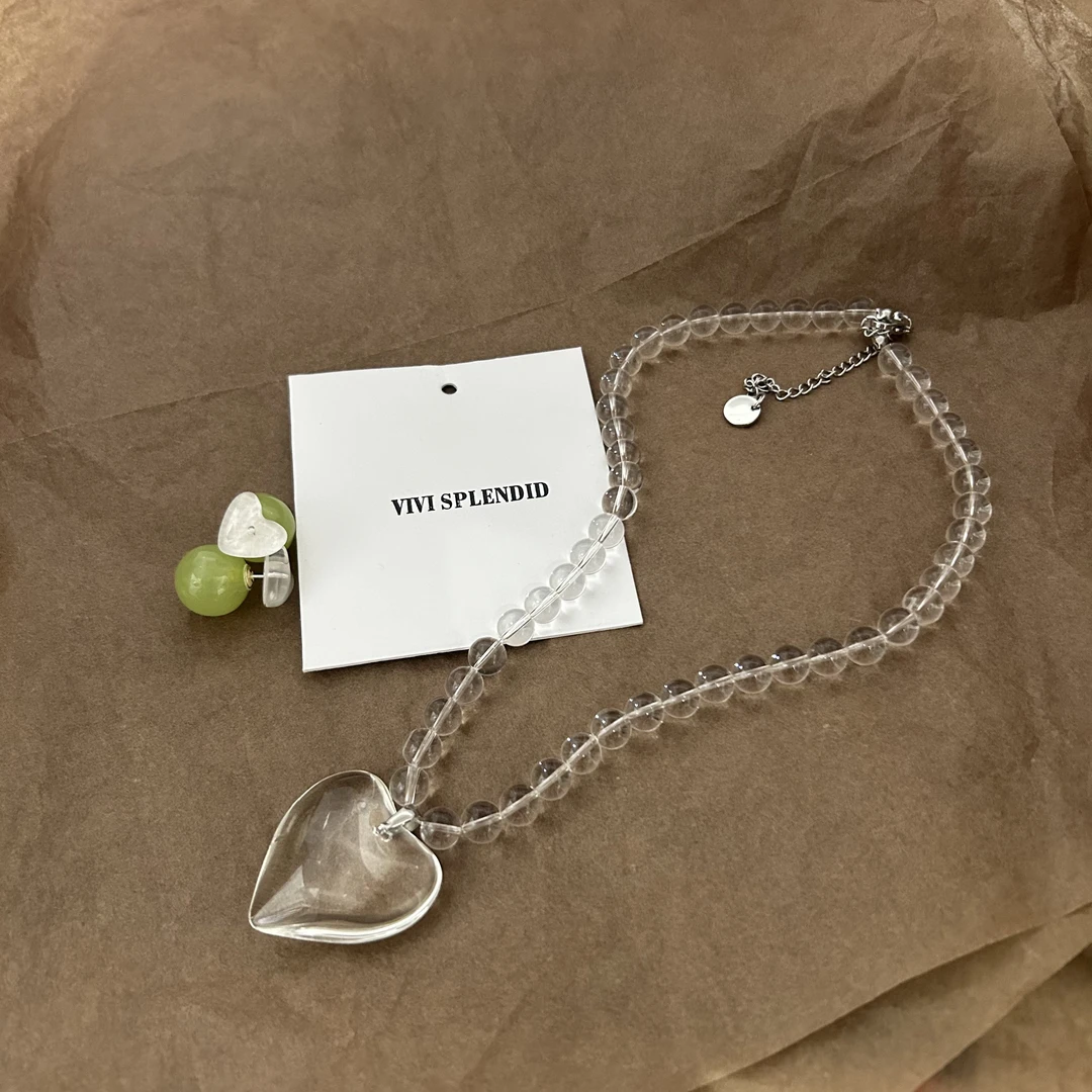 合金玻璃项链 X8105#高级感百搭简约透明爱心吊坠项链