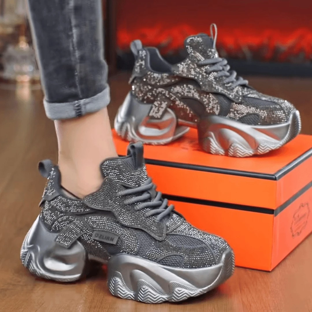 老爹鞋厚底增高6cm水钻老爹鞋女2024秋季新款百搭透气休闲鞋松糕