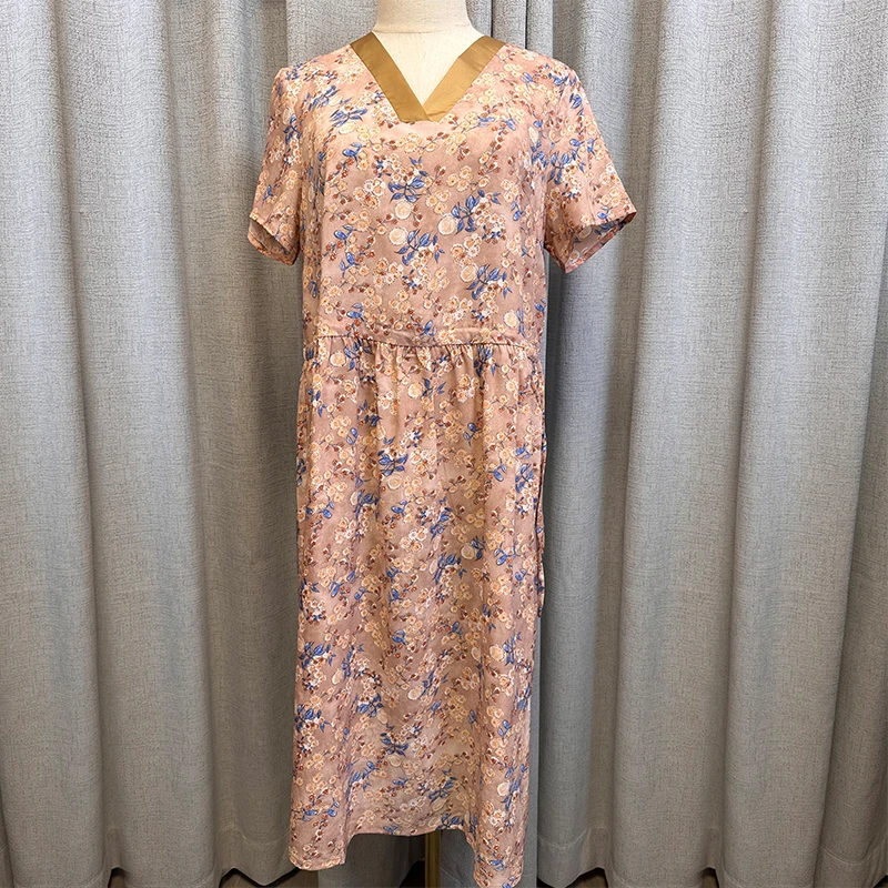 新款洋气女士宽松时尚V领樱花粉抽绳连衣裙TZ10125