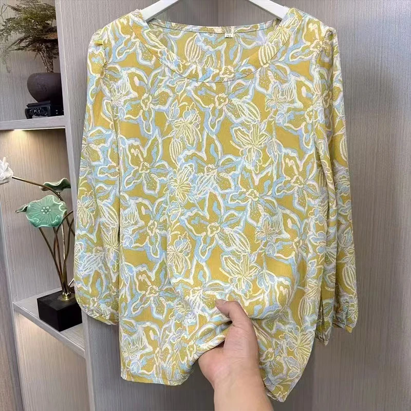 新款妈妈装圆领中长袖玉兰花小衫