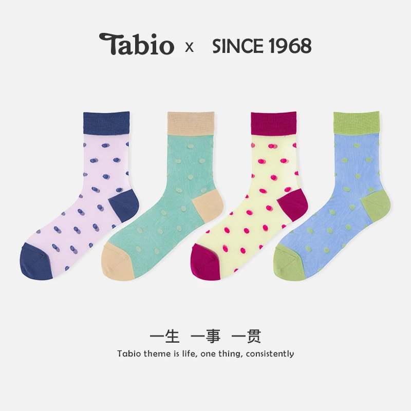 Tabio波点袜子女夏季透气凉感玻璃丝袜透明水晶袜中筒袜