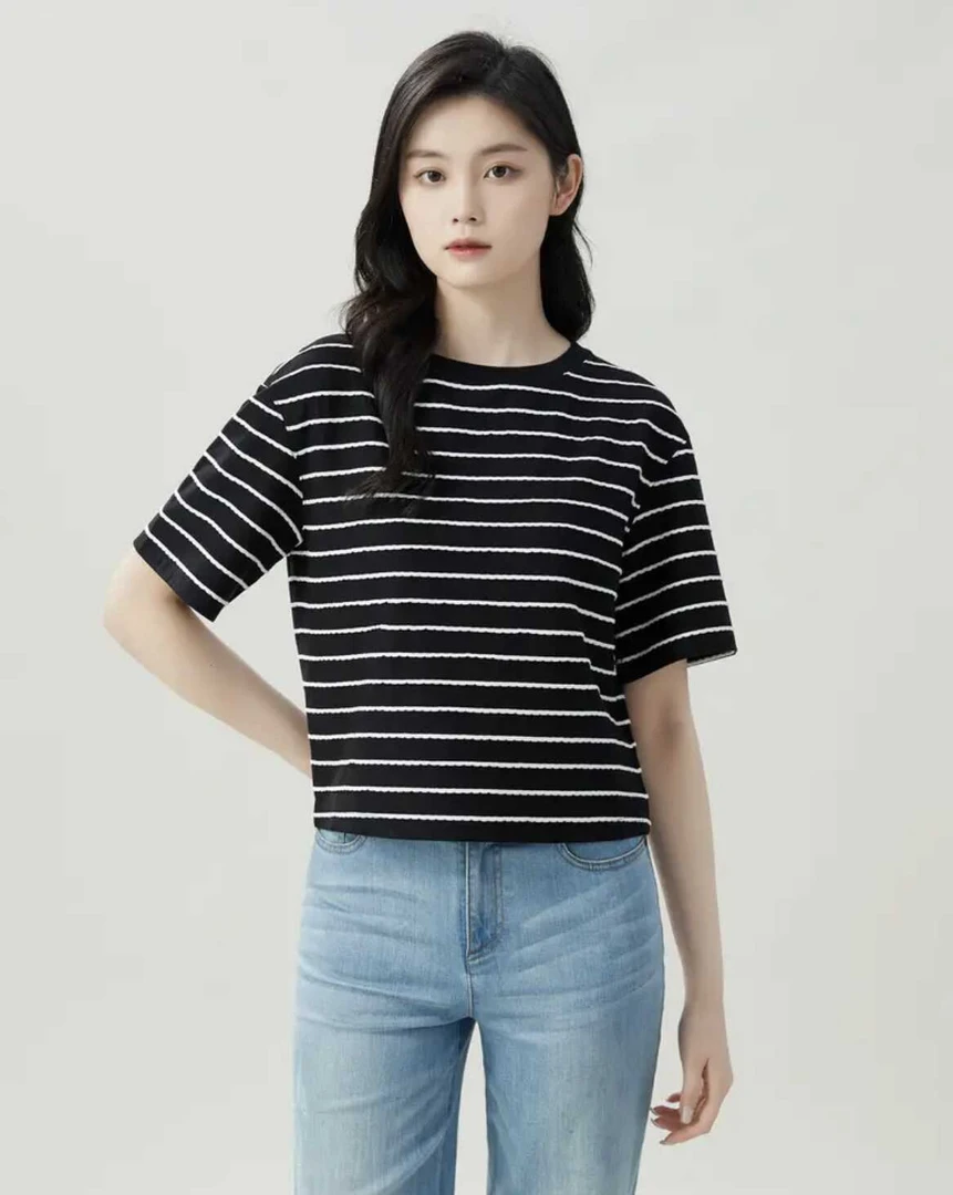 【商场同款】圆领条纹T恤时尚百搭宽松经典气质通勤韩版短袖1300790