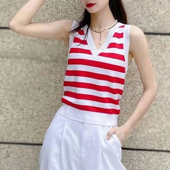 【商场同款】时尚条纹马甲修身百搭短款韩版V领显瘦针织背心5399516
