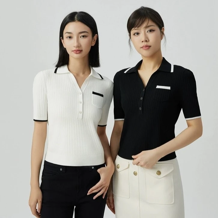 【商场同款】Polo领针织衫简约学院风冰丝拼色短袖百搭T恤女A301224