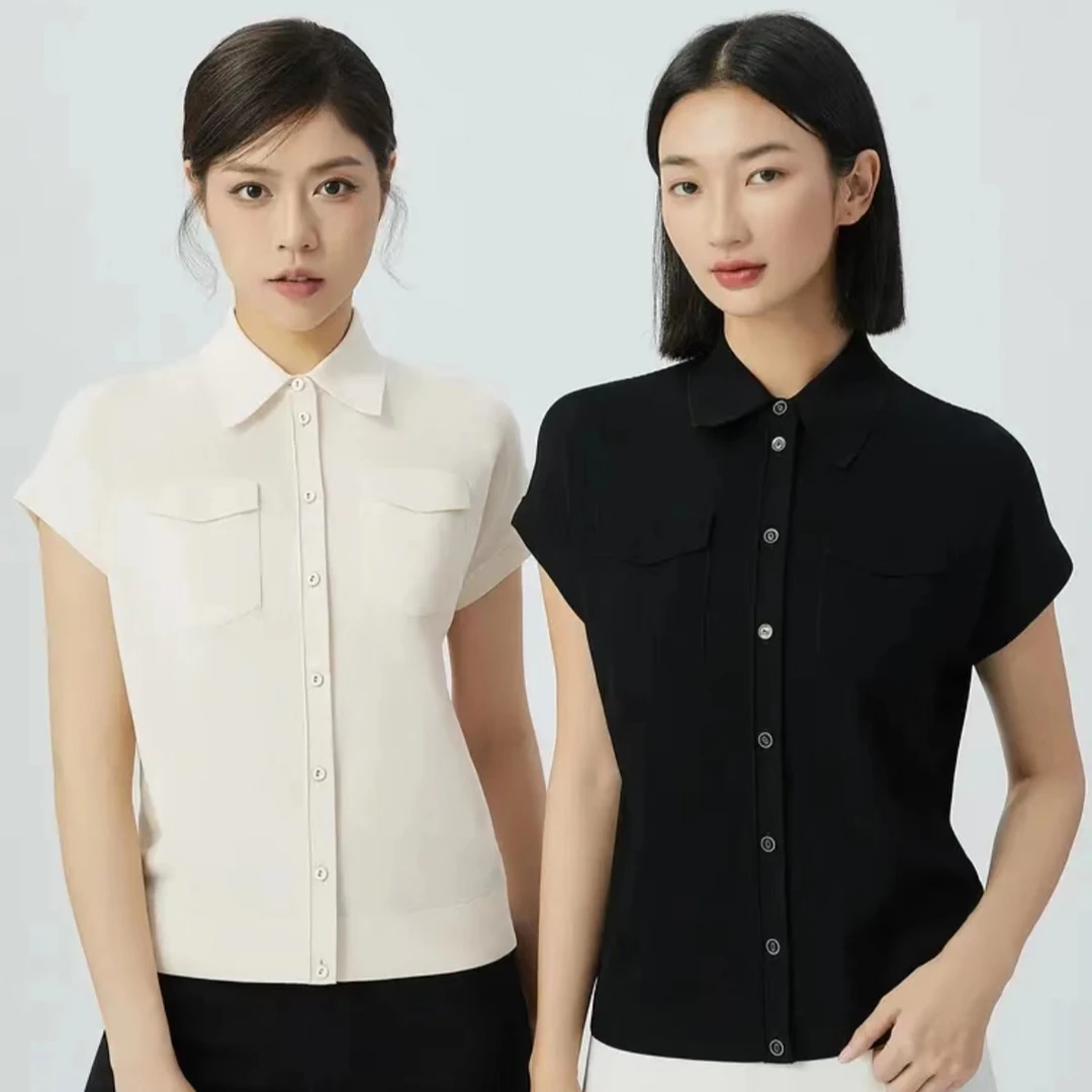 【商场同款】翻领冰丝衬衫单排扣显瘦简约纯色职业纯色衬衣A301247
