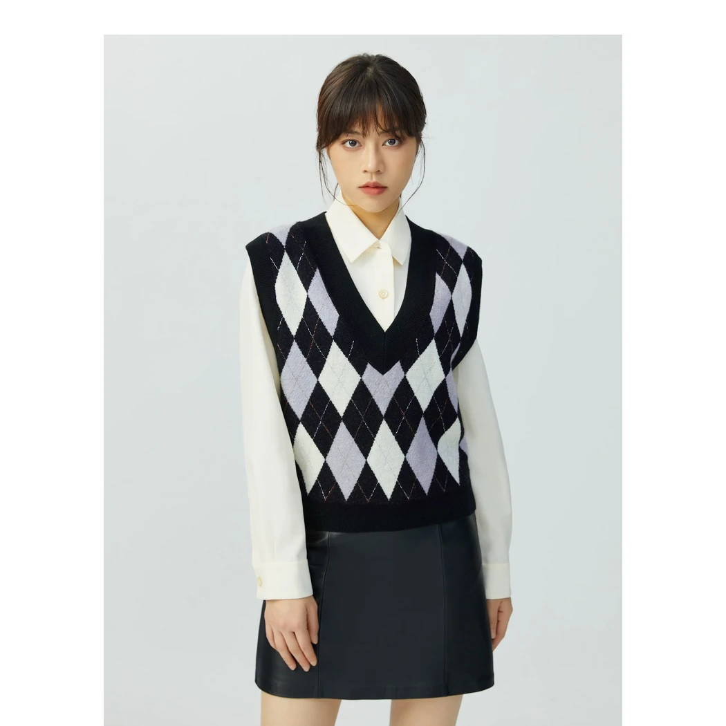 【商场同款】学院风马甲无袖提花针织百搭时尚菱格女背心A301010