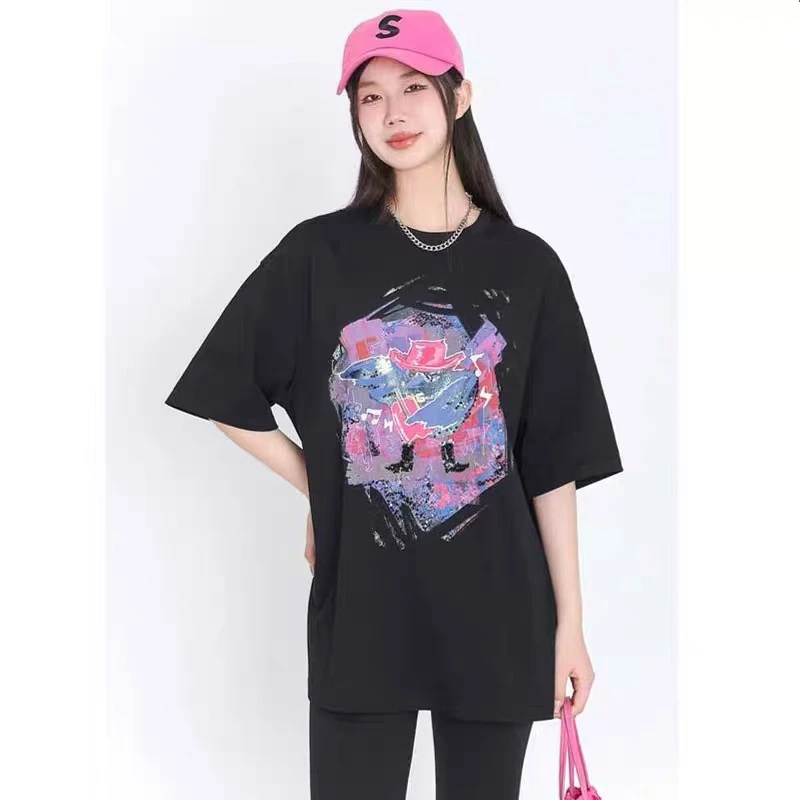 【商场同款】贝斯鸟印花T恤时尚百搭宽松休闲黑色短袖上衣女1300865