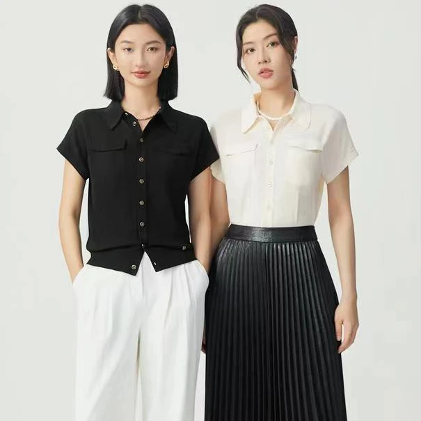 【商场同款】纽扣针织开衫翻领短袖气质时尚口袋轻职百搭T恤A401094