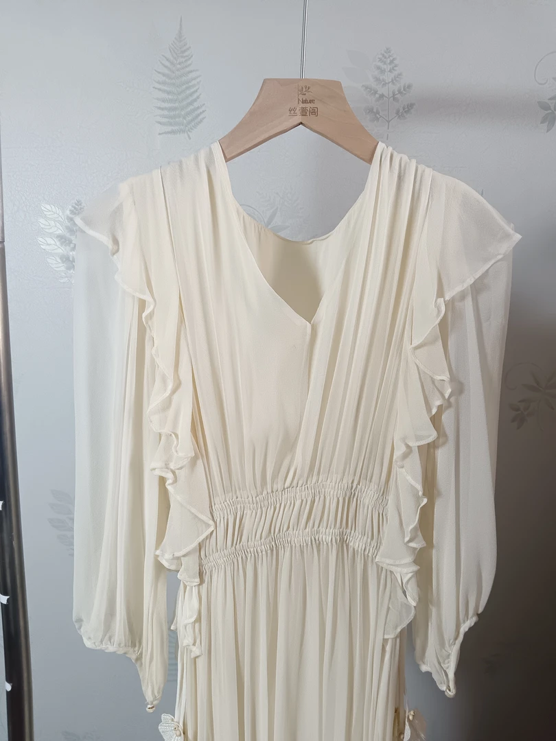 套头高腰V领时尚中长裙夏季舒适长款长裙气质白色蕾丝女装连衣裙