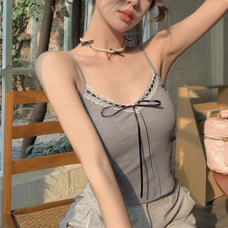 辣妹纯欲蕾丝花边吊带背心性感打底胸垫修身蝴蝶结无袖上衣收腰