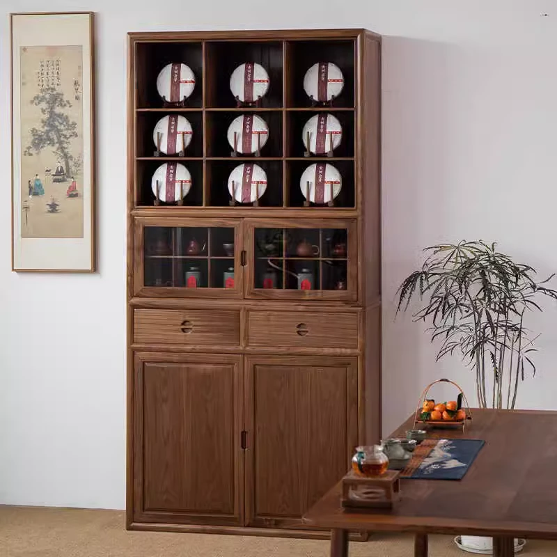 实木立柜黑胡桃木茶室茶具收纳柜茶叶柜置物柜禅意茶桌新中式边柜