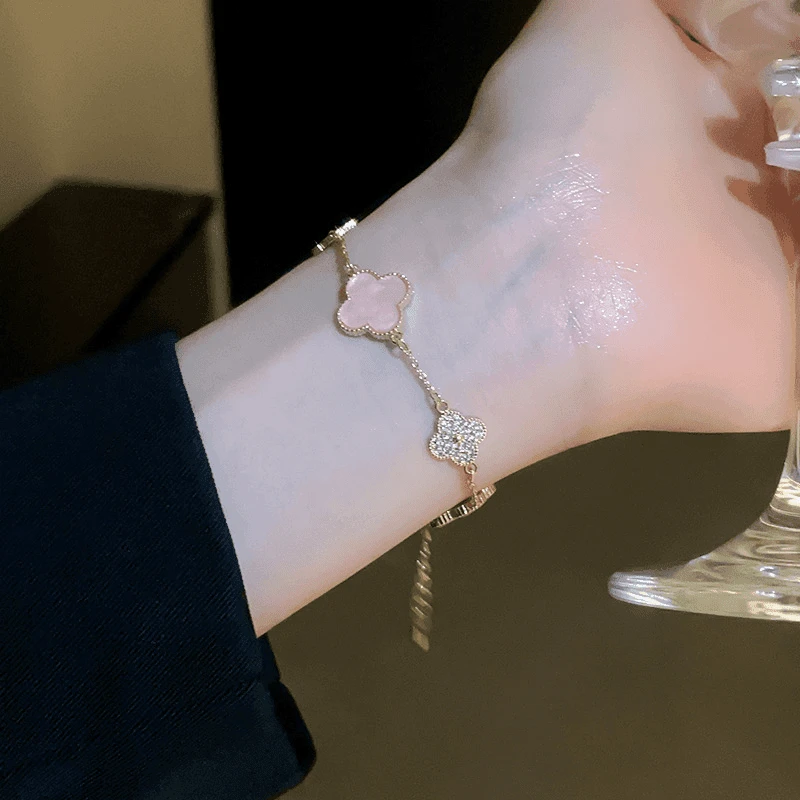 铜合金手链 铜合金手链四叶小花 锆石手链ins甜美小清新手环高级