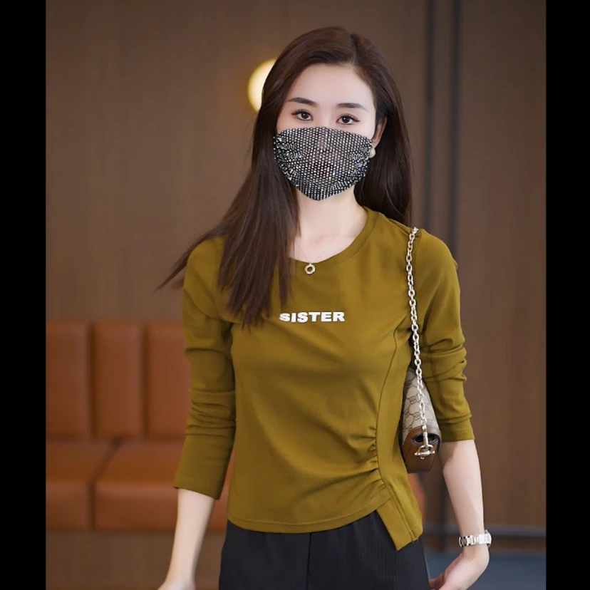 2023春秋新款女士时尚百搭圆领长袖体恤修身打底衫不规则短款上衣
